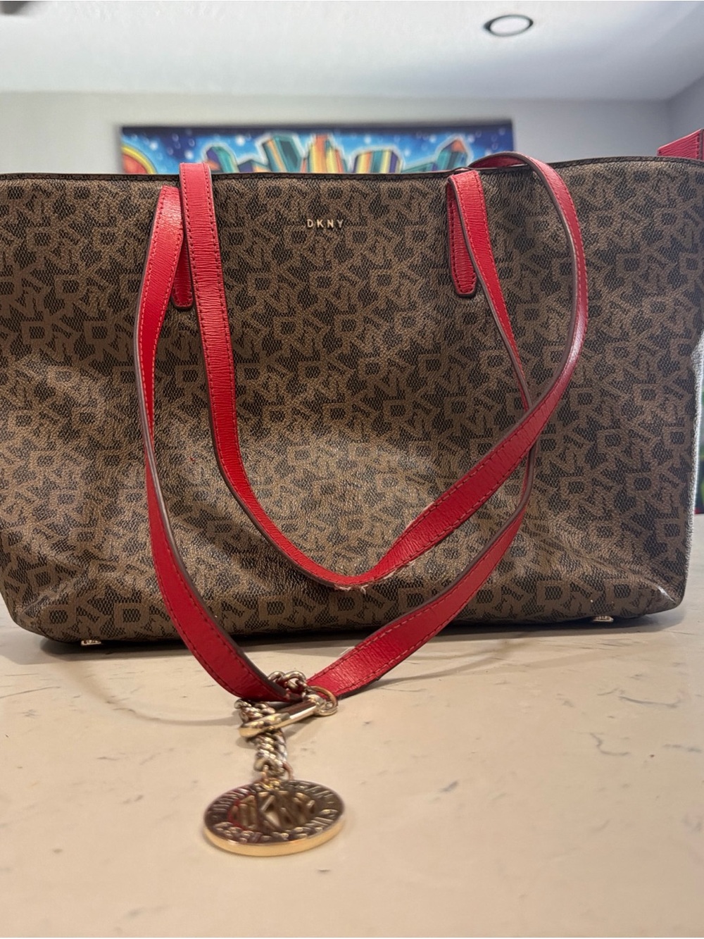 DKNY Brown Monogram Tote with Red Leather Straps RARE color way